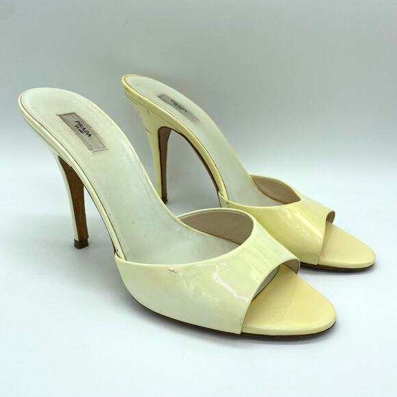 VTG Prada Women size 37/6.5 Cream Strappy Stiletto Patent Leather Peep Toe Heels - Picture 1 of 10